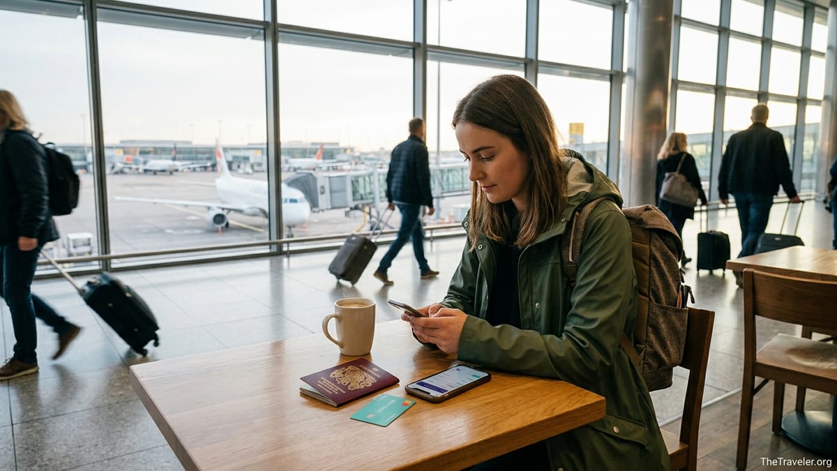 Traveller in an airport café using a Starling debit card and phone banking app before a flight.