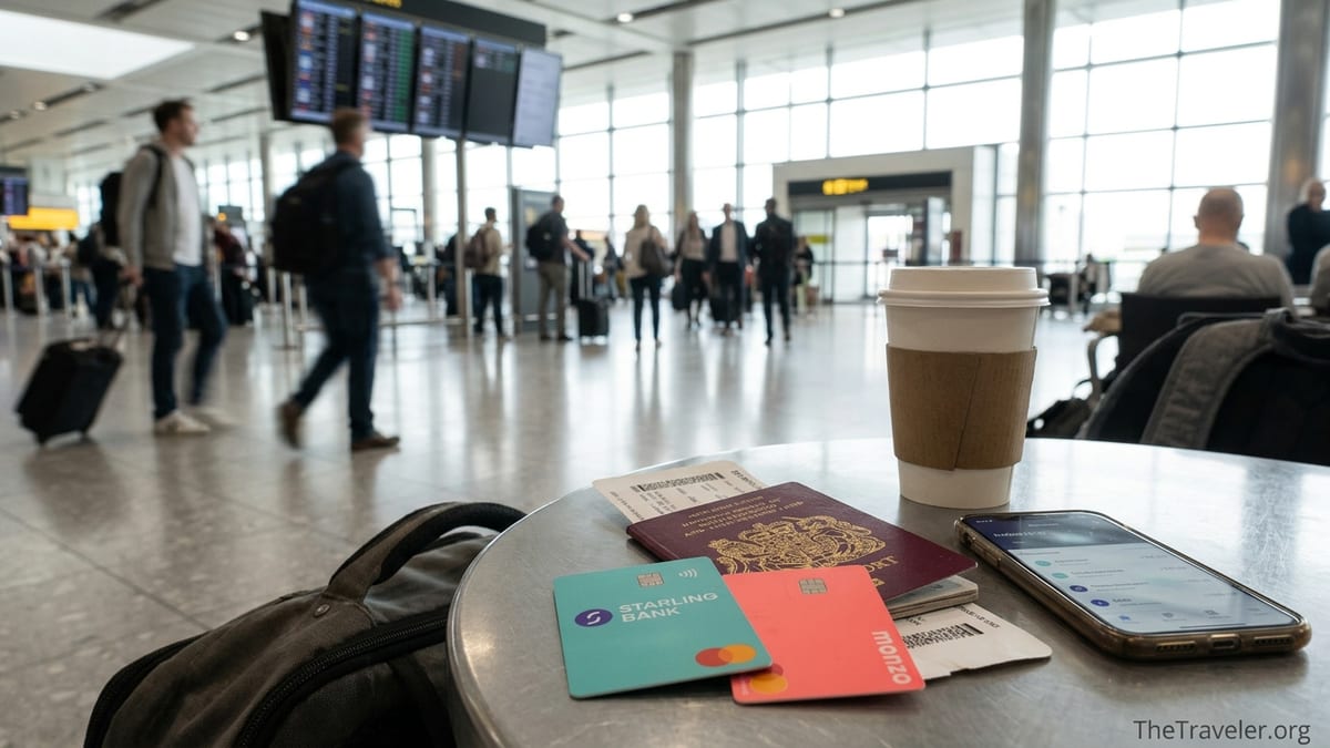 Starling and Monzo cards on an airport café table beside a UK passport and phone.