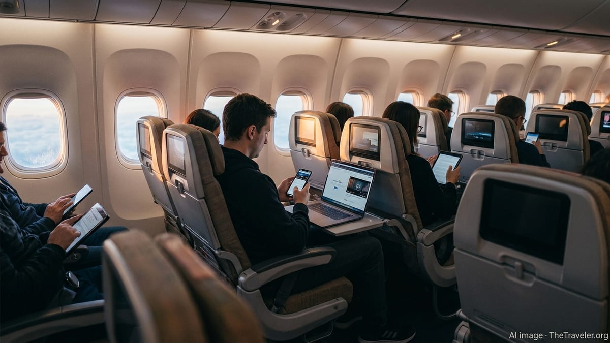 Passengers in an airliner cabin using laptops and phones on fast in-flight Wi-Fi.