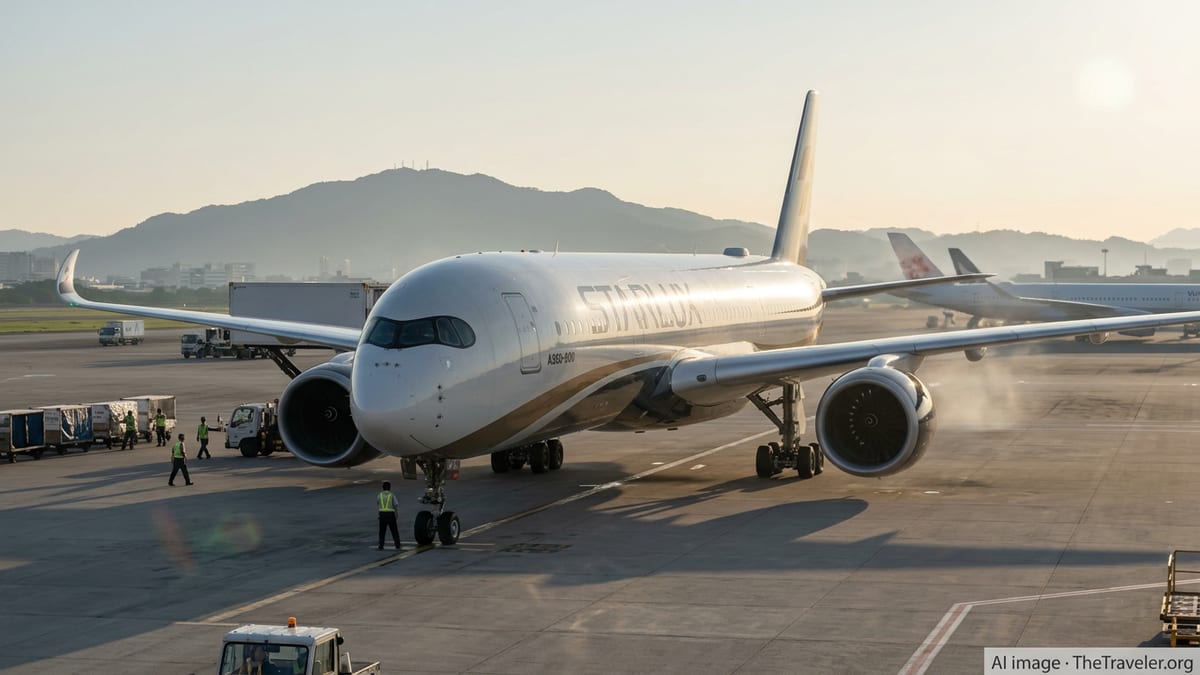 STARLUX Airbus A350 on the ramp at Taipei Taoyuan at sunrise, preparing for a long-haul flight.