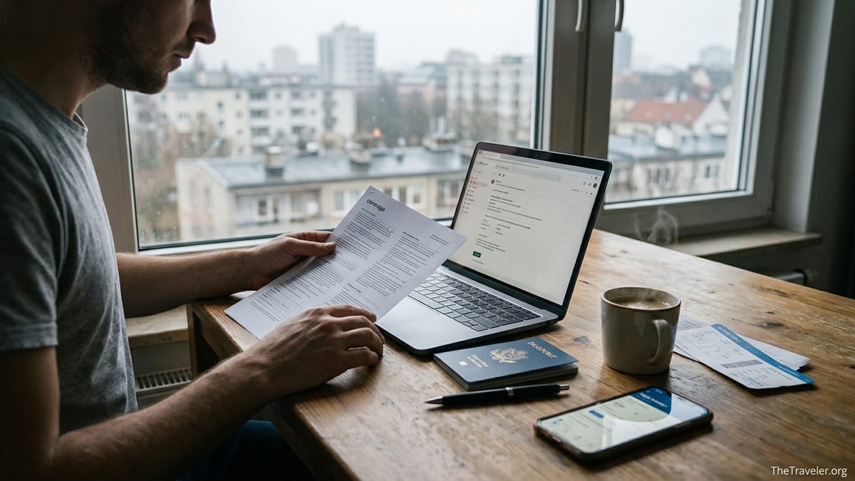 Traveler reviewing printed travel insurance policy at a kitchen table beside passport and laptop.