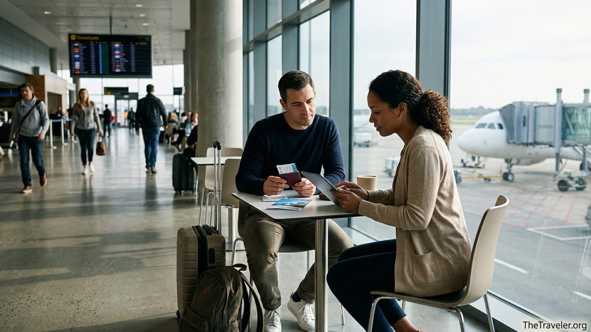 Travelers in an airport lounge reviewing insurance documents before a flight.