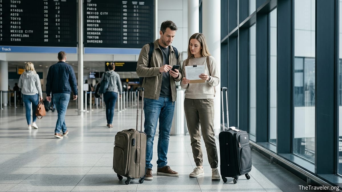 Couple reviewing travel insurance documents in a bright international airport terminal.