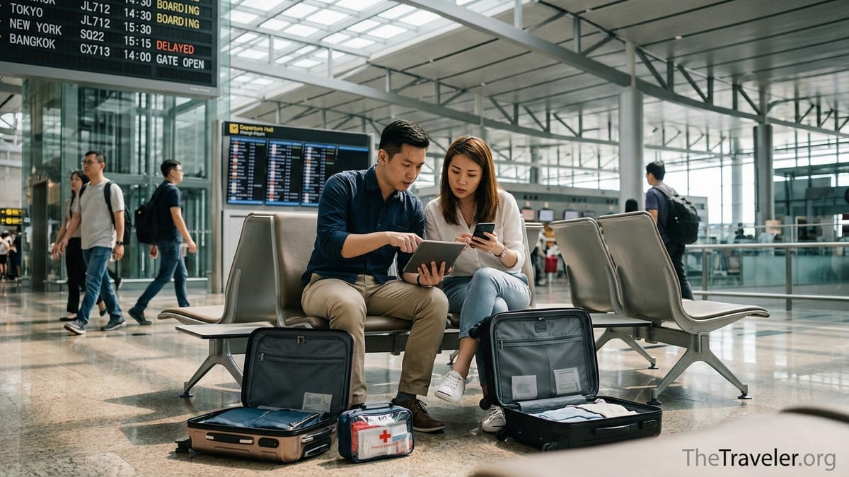Travellers at Changi Airport comparing travel insurance on their devices.