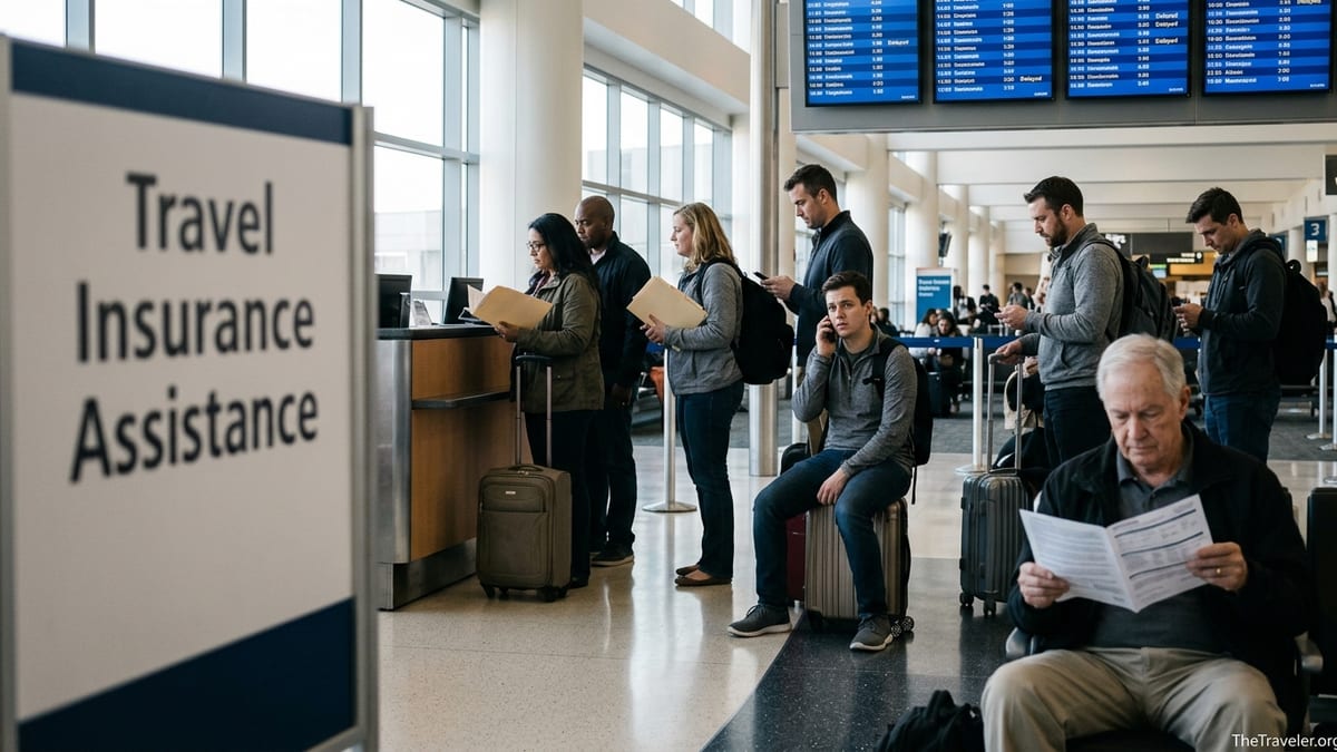 Travelers in a busy U.S. airport discussing travel insurance at a customer service desk.