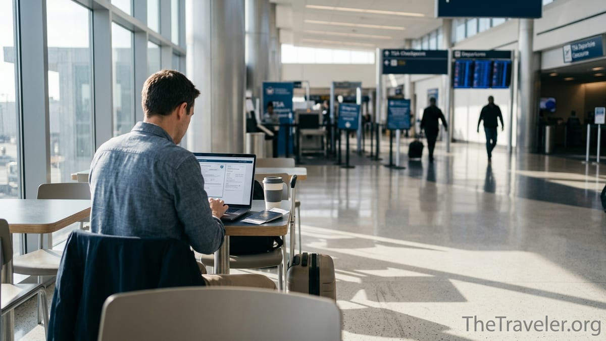 Traveler in a US airport reviewing travel insurance on a laptop before a flight.