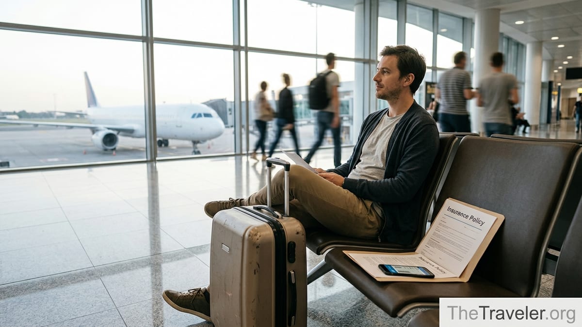 Traveler in an airport lounge reviewing travel insurance documents at dawn.