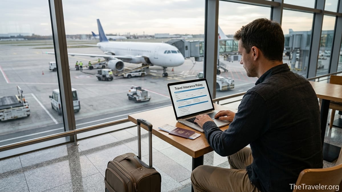 Traveler in an airport reviewing a travel insurance policy on a laptop before a flight.