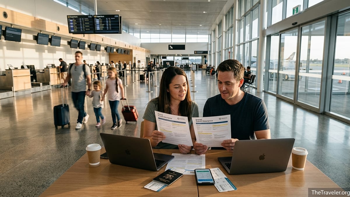 Kiwi travellers in a New Zealand airport comparing printed travel insurance documents before an international flight.