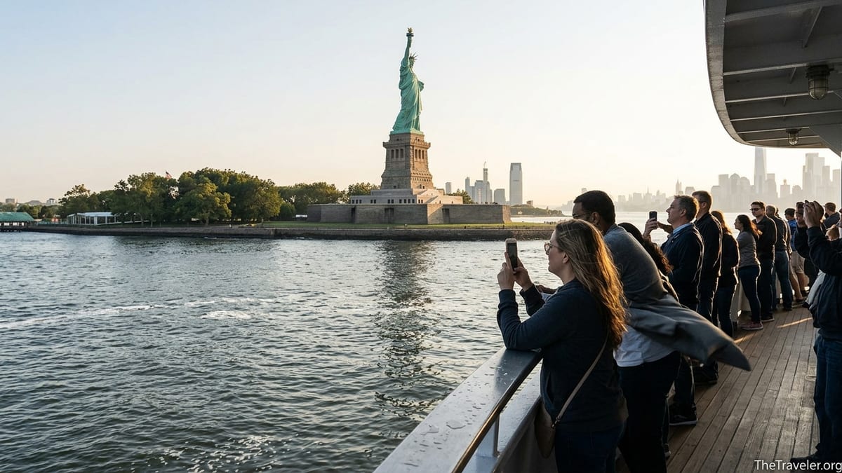 Ferry passengers approach the Statue of Liberty at sunrise with Manhattan skyline in the distance.