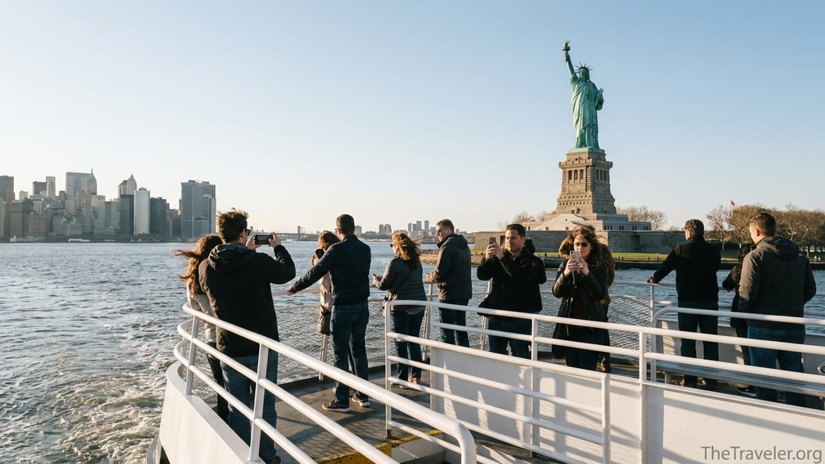 Passengers on an open-deck ferry approach the Statue of Liberty with Manhattan skyline behind.