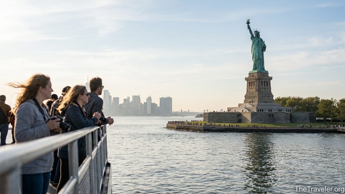 Ferry passengers approach the Statue of Liberty on a bright afternoon in New York Harbor.