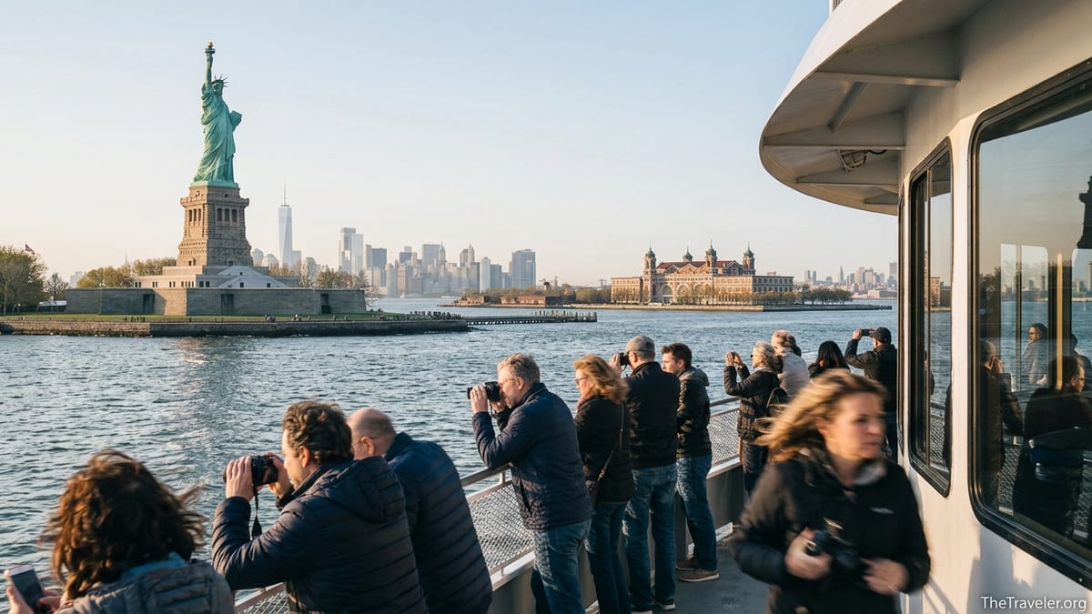 Ferry of visitors approaching the Statue of Liberty with Ellis Island and Manhattan skyline in the background.
