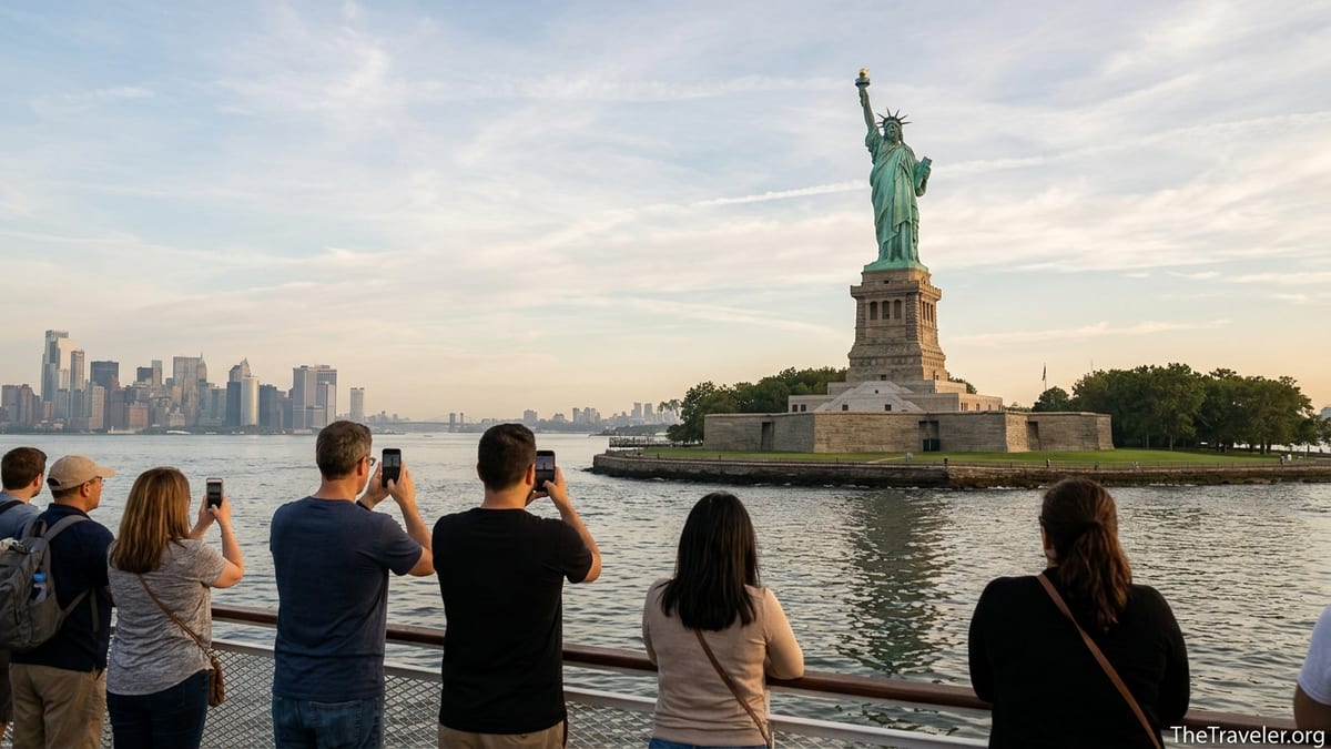 Travelers on a ferry approach the Statue of Liberty, which looms larger against the New York skyline.