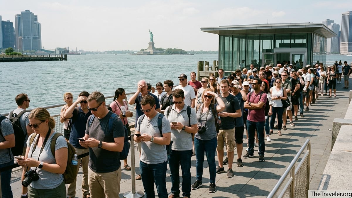 Crowd waiting in line at Battery Park for the Statue of Liberty ferry with the statue visible across the harbor.