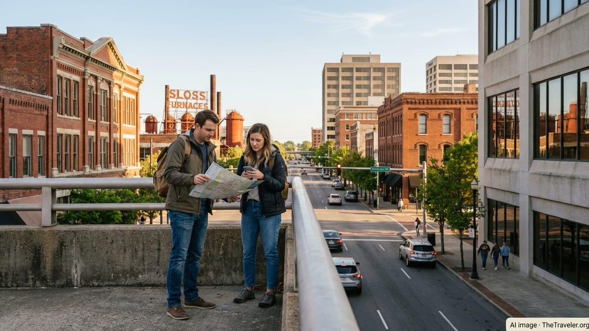 Travelers checking a map above a downtown Birmingham, Alabama street at golden hour