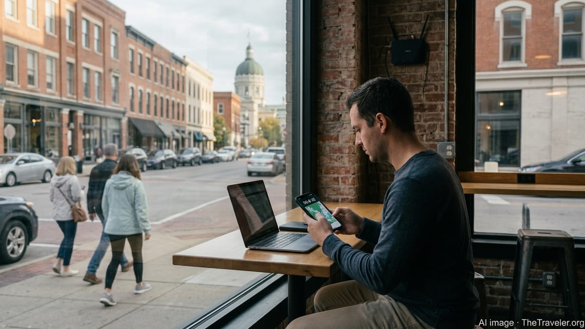 Traveler using phone and laptop in an Indianapolis cafe with strong cellular and Wi Fi signal.