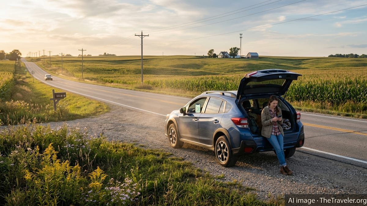 Traveler checking phone beside an SUV on a rural Iowa highway with fields and a distant cell tower.