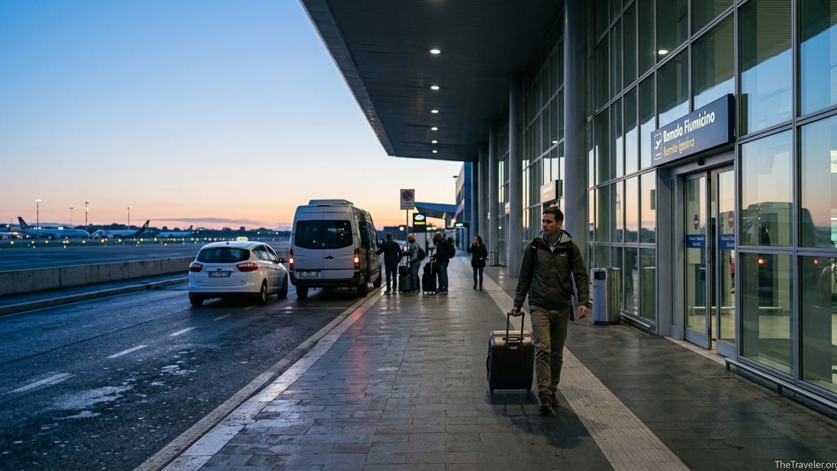 Traveler walking at dawn toward Rome Fiumicino Airport terminal with shuttle and taxi nearby.