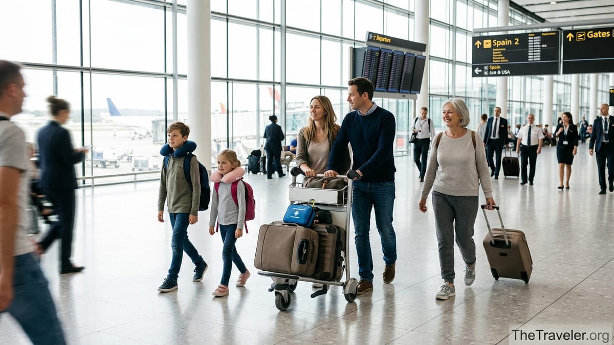 Multigenerational family with luggage walking through a bright international airport terminal.