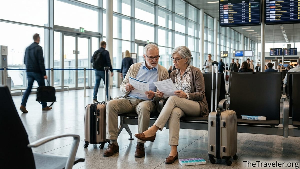 Older couple reviewing travel insurance documents in a busy European airport departures hall.