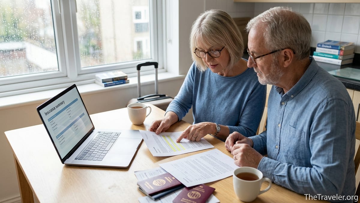 Older couple at kitchen table reviewing travel insurance documents before a trip