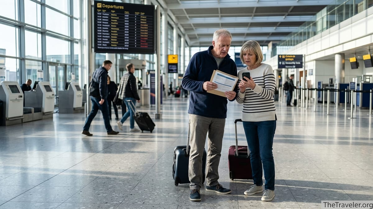Older couple at an airport looking worried over travel documents near a departures board.