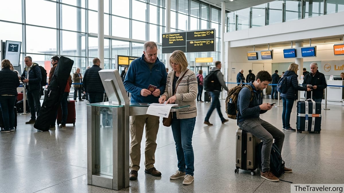 Travellers at a UK airport checking travel insurance documents before departure.