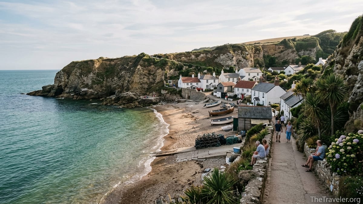 View of Steephill Cove from the coastal path with cottages, fishing boats and a small beach below cliffs.