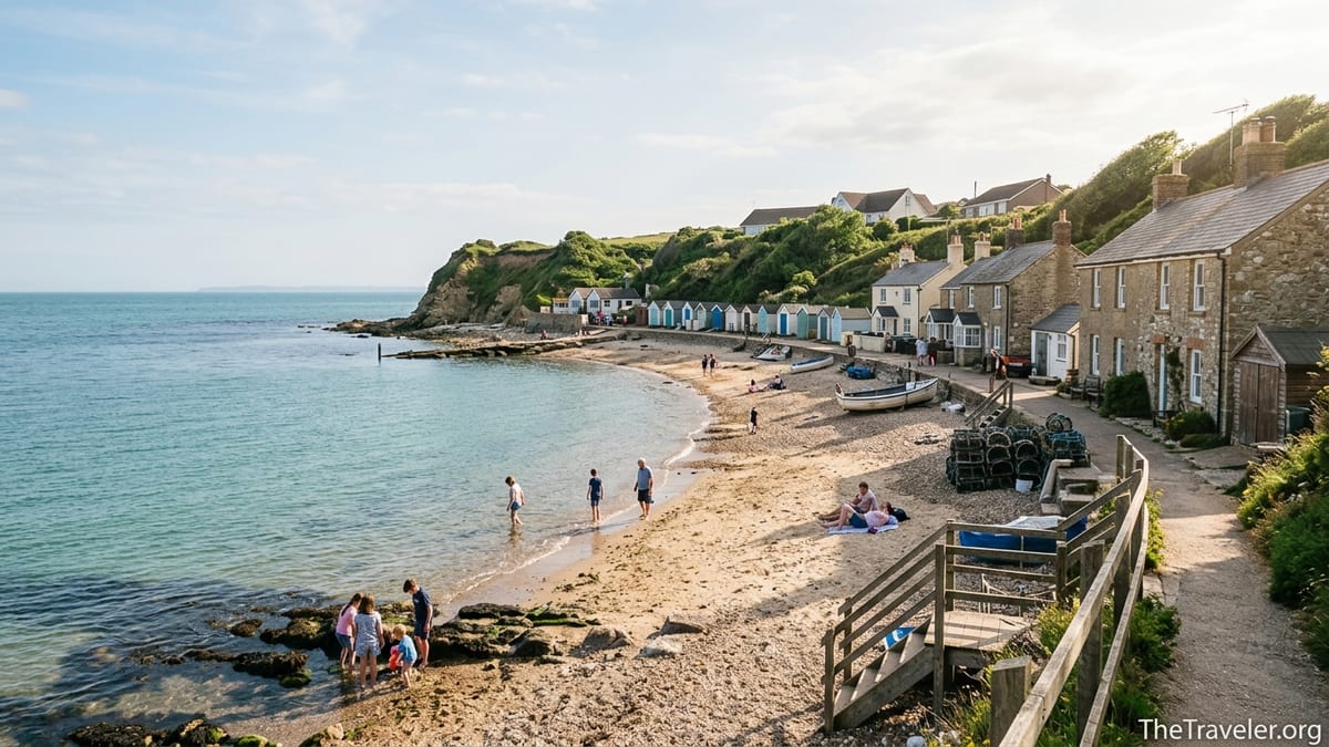 View over Steephill Cove’s cottages and beach huts towards the sand, rocks and calm sea on a sunny afternoon.
