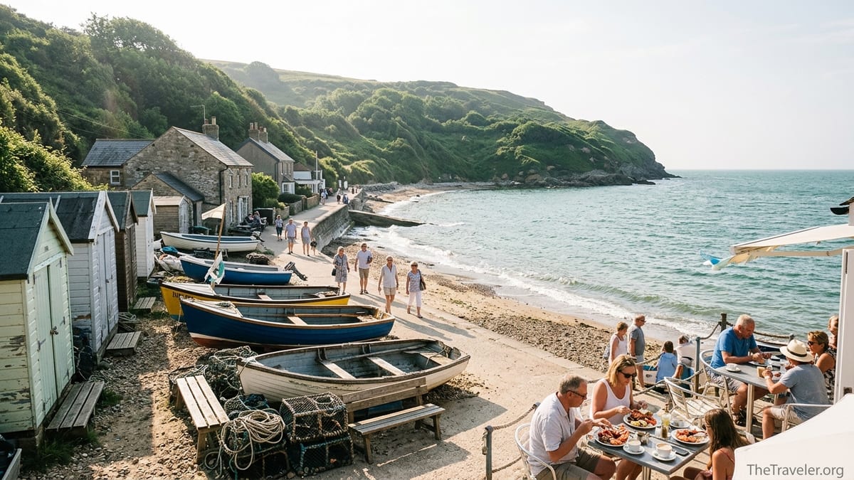 Steephill Cove’s small beach, boats, and cottages beneath green cliffs on a sunny afternoon.