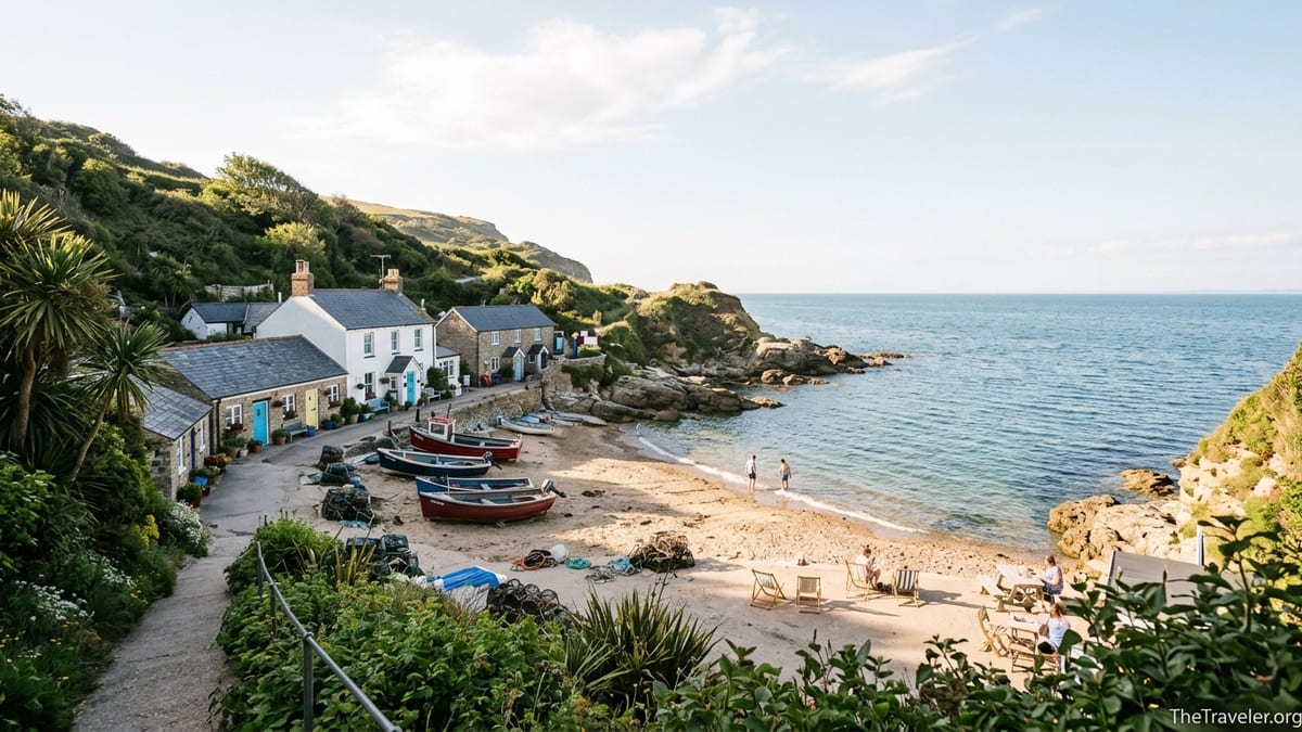 View of Steephill Cove’s sandy beach, cottages, and fishing boats beneath green cliffs on the Isle of Wight.