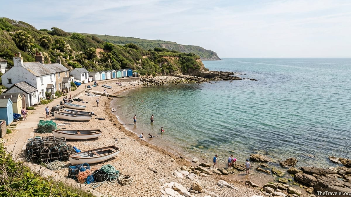 View over Steephill Cove showing cottages, beach huts, small boats and people paddling in a compact bay.