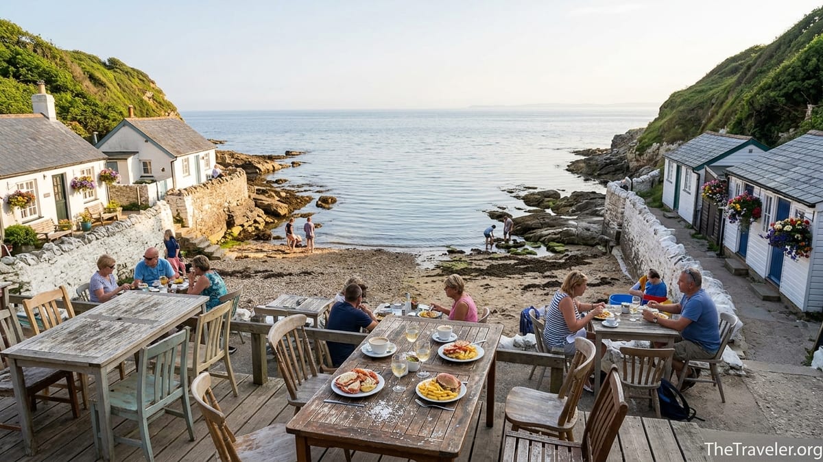 Seaside cafés and cottages above the beach at Steephill Cove on a sunny afternoon.