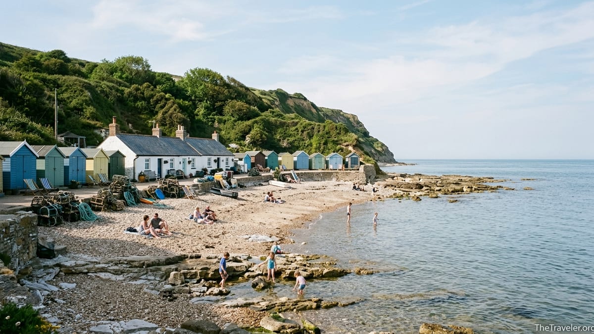 Steephill Cove’s small beach, cottages and beach huts beneath green cliffs on a calm sunny day.