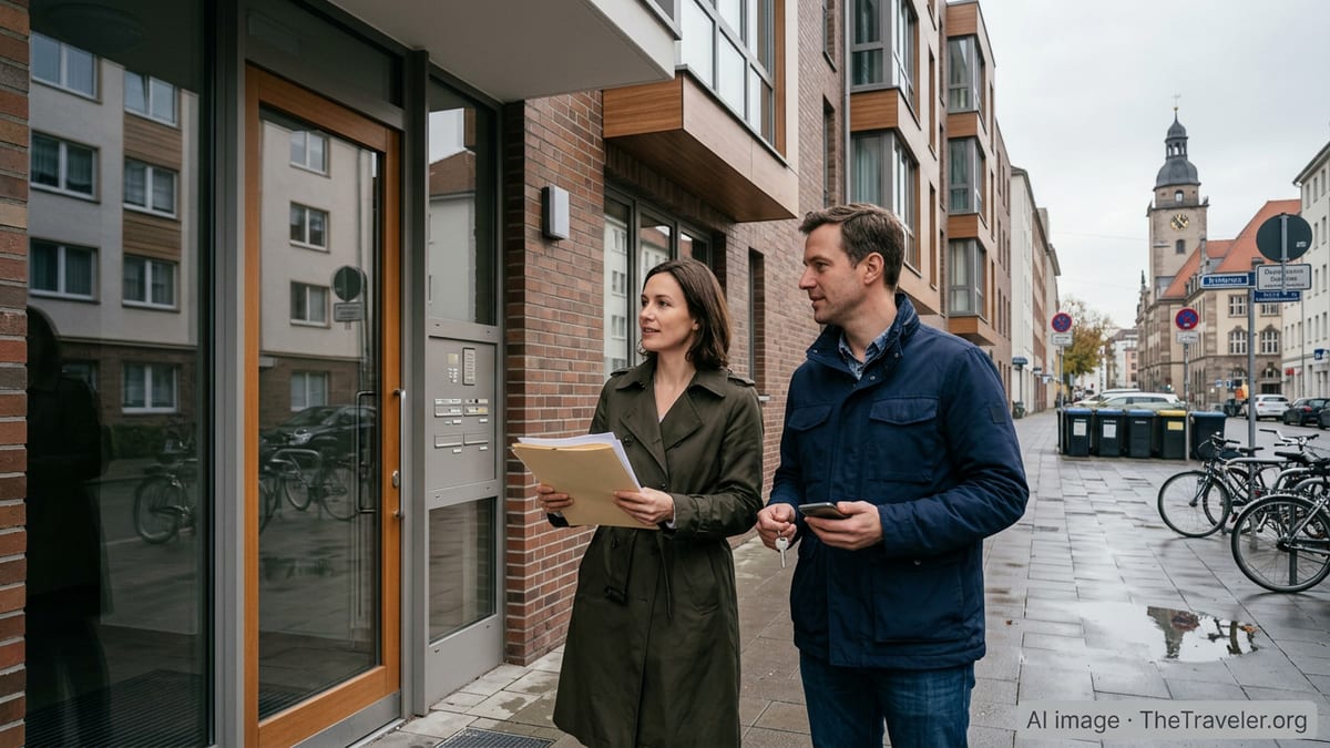 Expat couple with documents outside a German apartment building on move-in day.