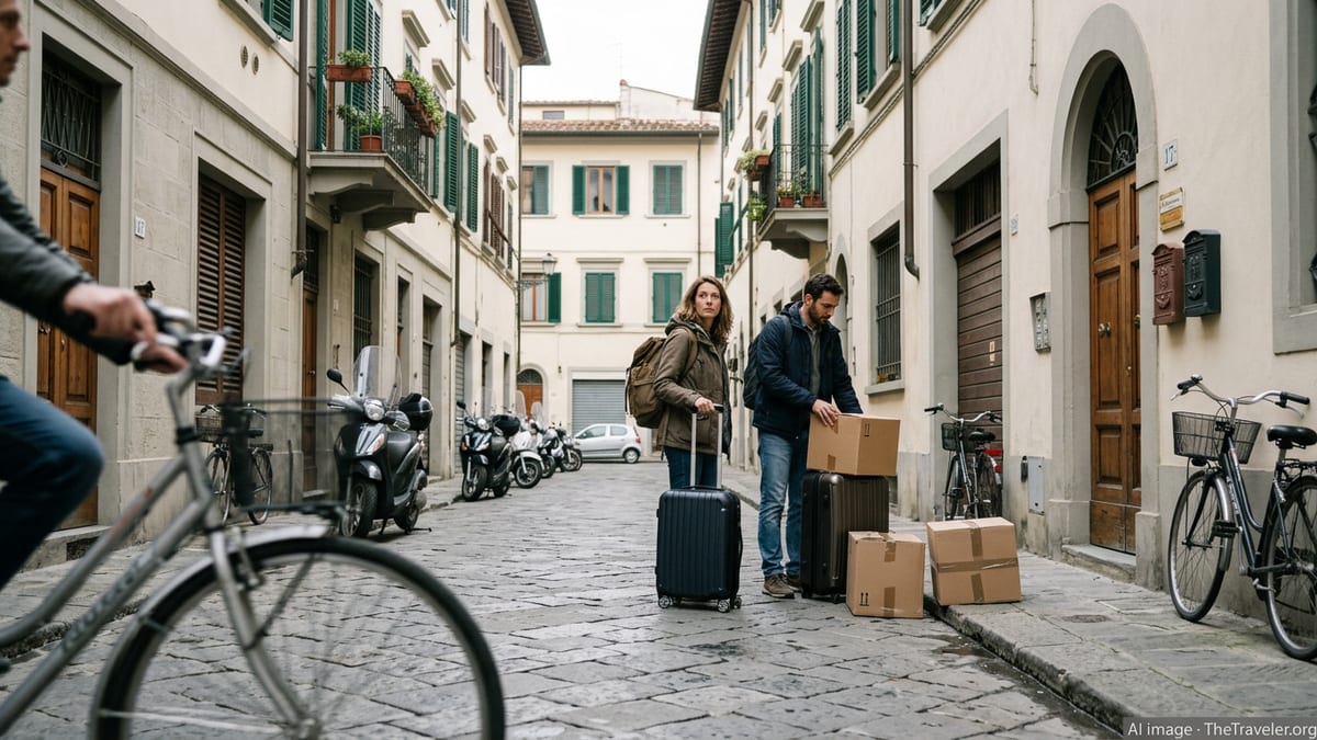 Expat couple with luggage on a residential street in an Italian city.