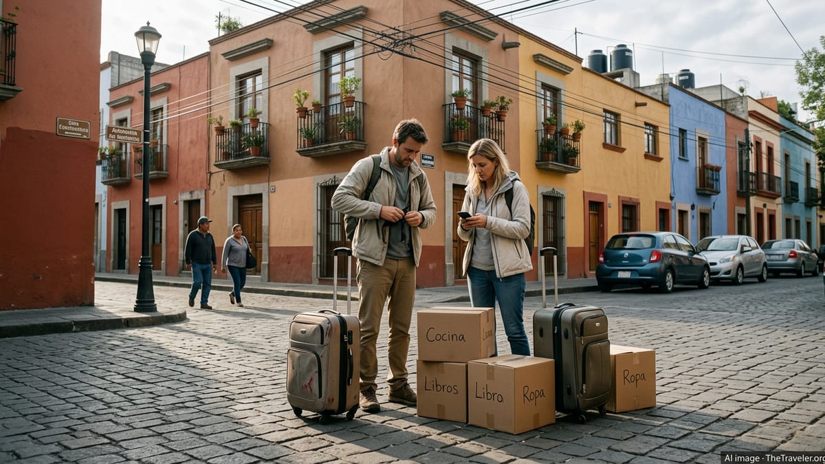 Expats with suitcases and moving boxes on a residential street in Mexico City.