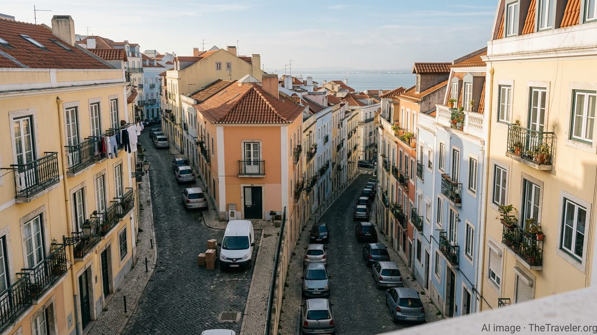 Residential Lisbon hillside neighborhood with pastel apartments and moving van on a cobbled street at sunrise.