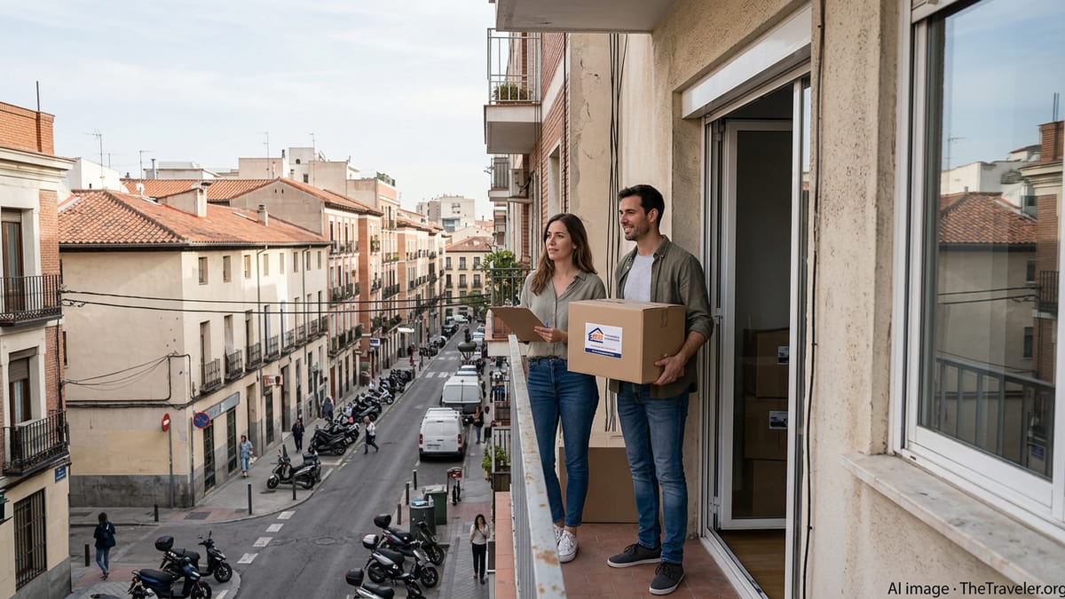 New arrivals on a Spanish apartment balcony with moving boxes overlooking a city street.