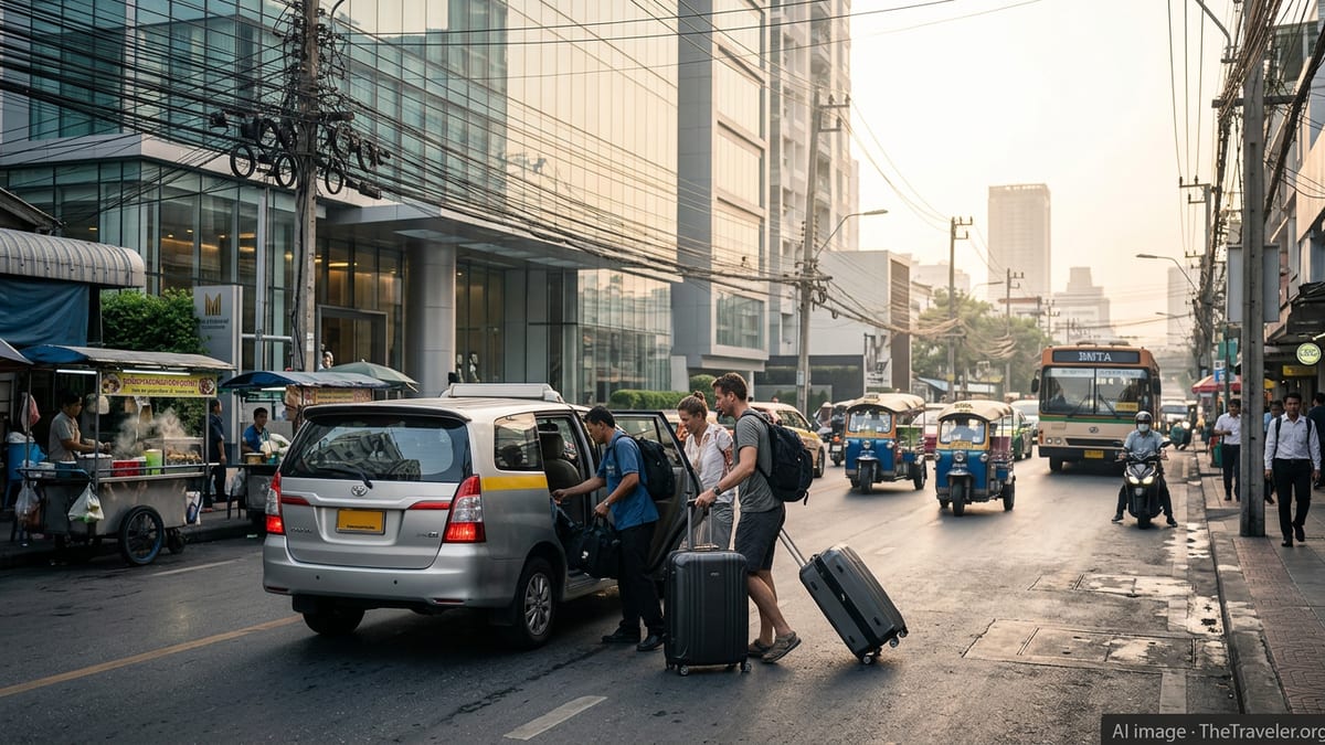 Expat couple with luggage arriving at a Bangkok condo building at sunrise.