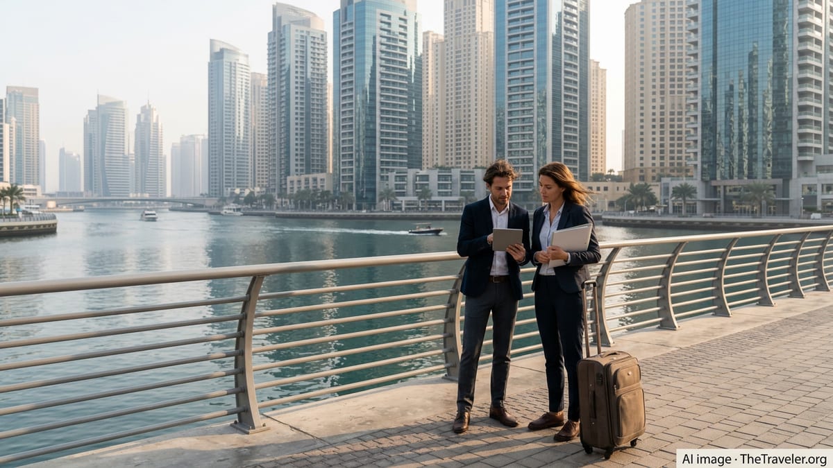 Professional couple with luggage planning relocation overlooking Dubai Marina skyline at sunrise.