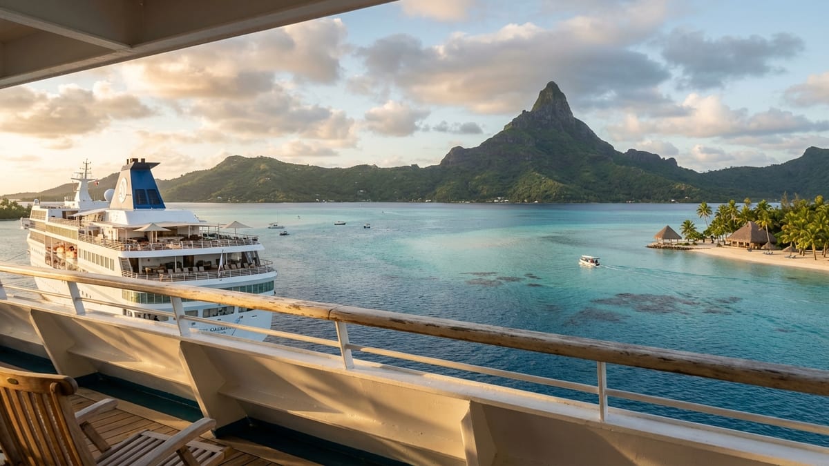 View from the stern of m/s Paul Gauguin at anchor off Bora Bora during sunrise.