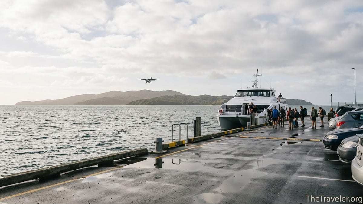 Ferry dock at Bluff with catamaran and distant plane approaching Stewart Island across Foveaux Strait.