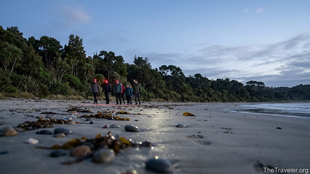 Small group on a twilight beach near Stewart Island forest, searching quietly for wild kiwi tracks.