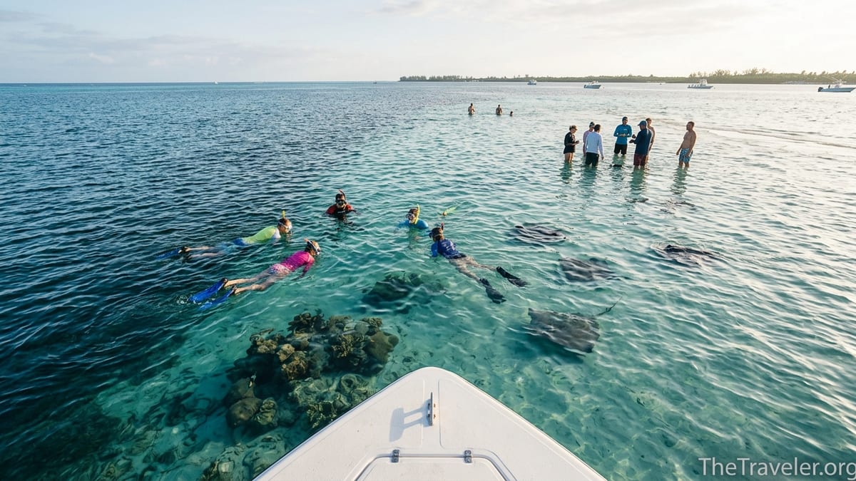 Snorkelers over Coral Gardens reef with nearby Stingray City sandbar in Grand Cayman.