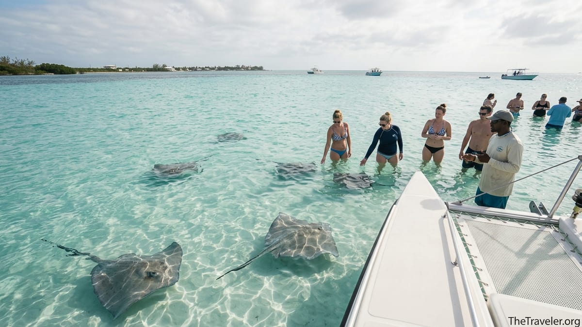 Tour boat at Stingray City sandbar with visitors wading among stingrays in clear turquoise water in Grand Cayman.