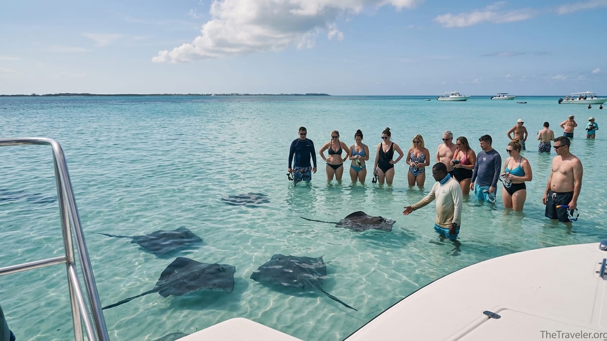 Tourists wading in shallow turquoise water with stingrays at Stingray City sandbar in Grand Cayman.