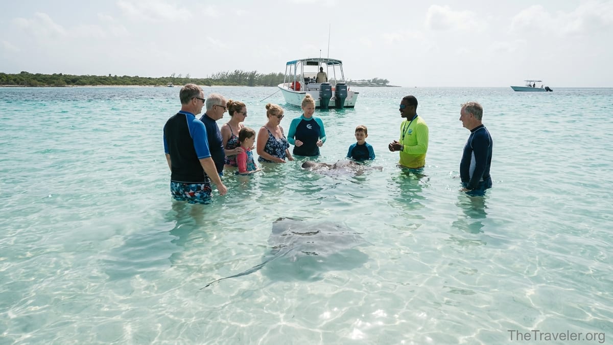 Tourists wading at Stingray City sandbar in Grand Cayman as a stingray swims past in clear turquoise water.