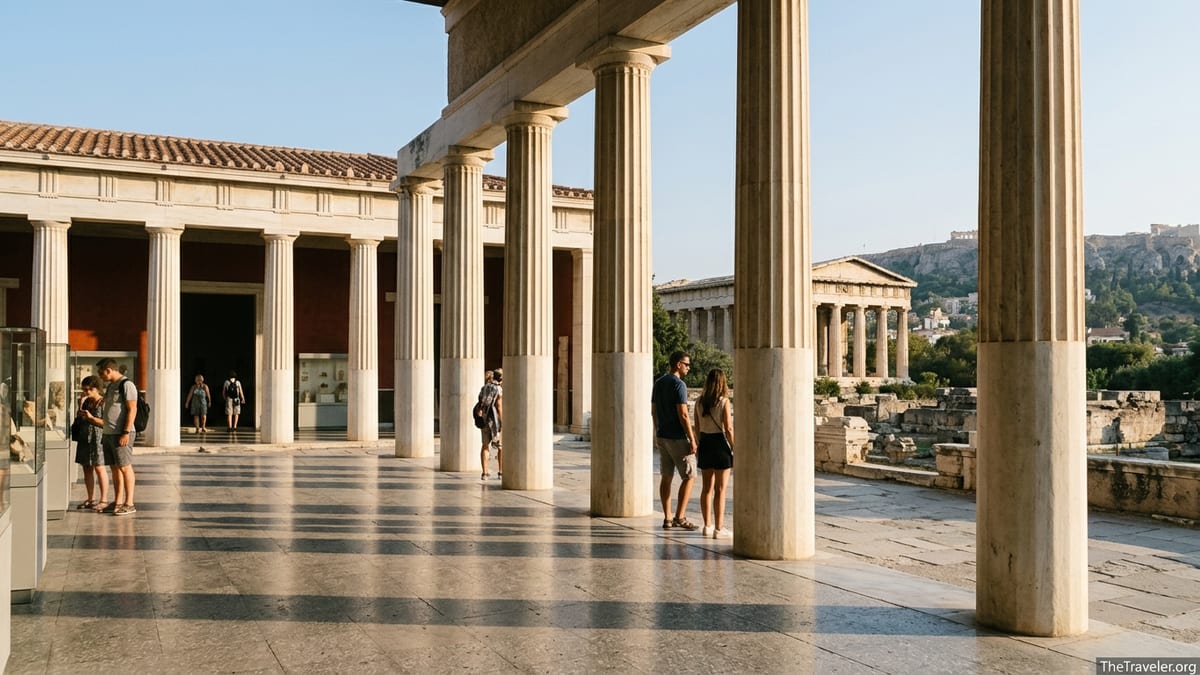 Visitors walking in the shaded colonnade of the Stoa of Attalos overlooking the Ancient Agora in Athens.